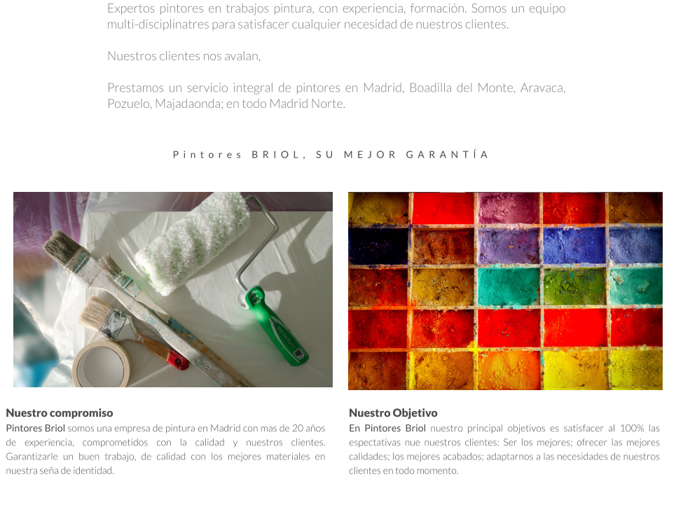 Expertos pintores en trabajos pintura, con experiencia, formación. Somos un equipo multi-disciplinatres para satisfacer cualquier necesidad de nuestros clientes.  Nuestros clientes nos avalan,   Prestamos un servicio integral de pintores en Madrid, Boadilla del Monte, Aravaca, Pozuelo, Majadaonda; en todo Madrid Norte.    Nuestro compromiso Pintores Briol somos una empresa de pintura en Madrid con mas de 20 años de experiencia, comprometidos con la calidad y nuestros clientes. Garantizarle un buen trabajo, de calidad con los mejores materiales en nuestra seña de identidad.   Nuestro Objetivo En Pintores Briol nuestro principal objetivos es satisfacer al 100% las espectativas nue nuestros clientes: Ser los mejores; ofrecer las mejores calidades; los mejores acabados; adaptarnos a las necesidades de nuestros clientes en todo momento.  Pintores BRIOL, SU MEJOR GARANTÍA